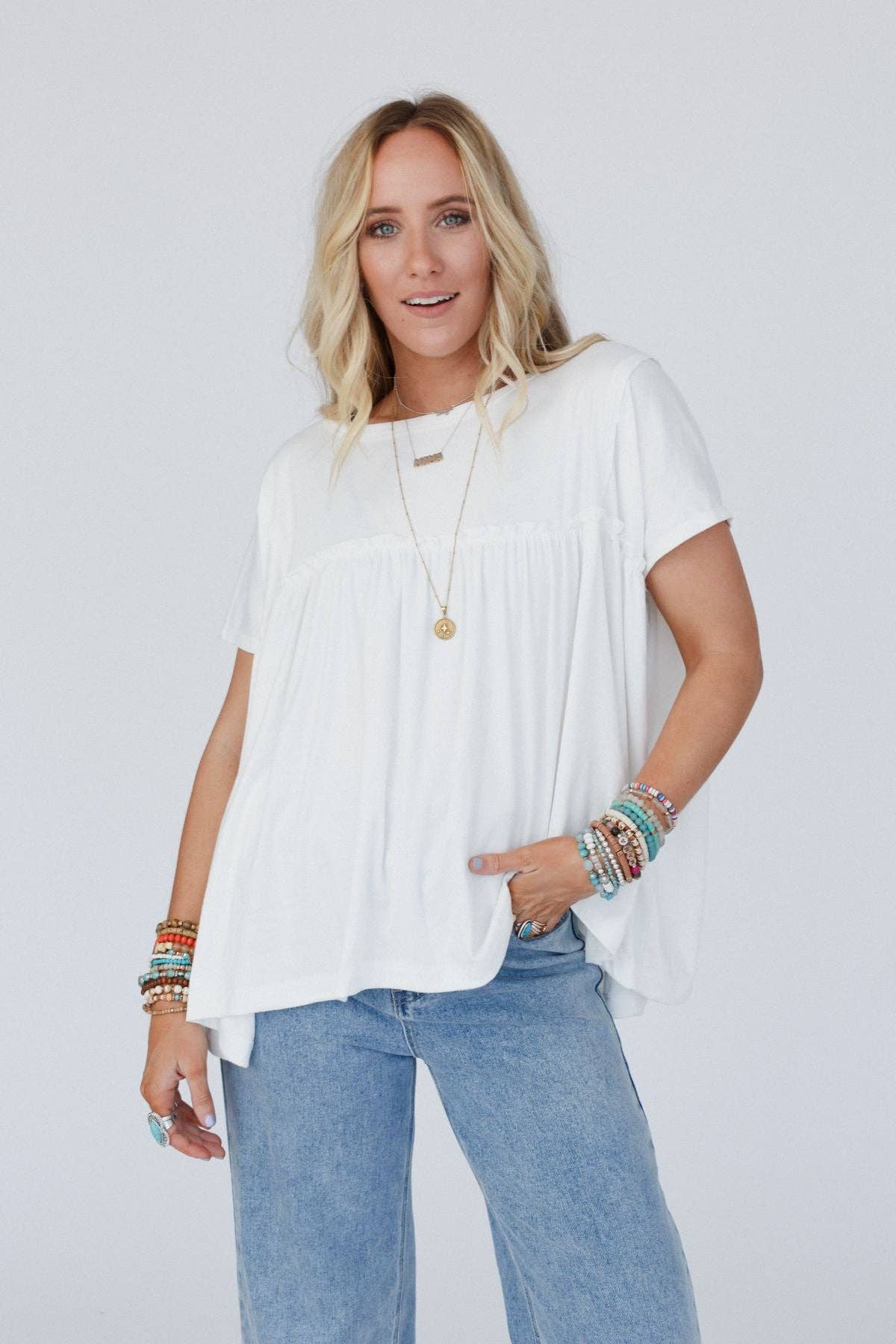 Three Bird Nest SUNDAY MORNING BABYDOLL TOP - WHITE