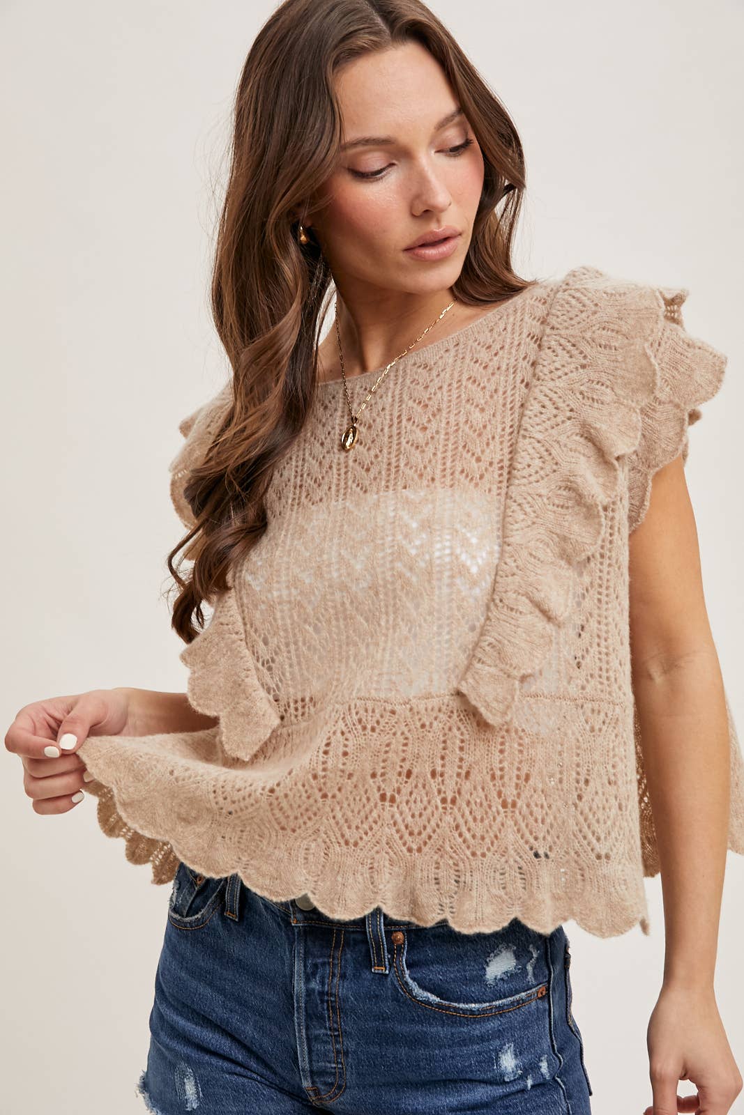 Bluivy OPEN KNIT FLUTTER-SLEEVE POINTELLE SWEATER TOP