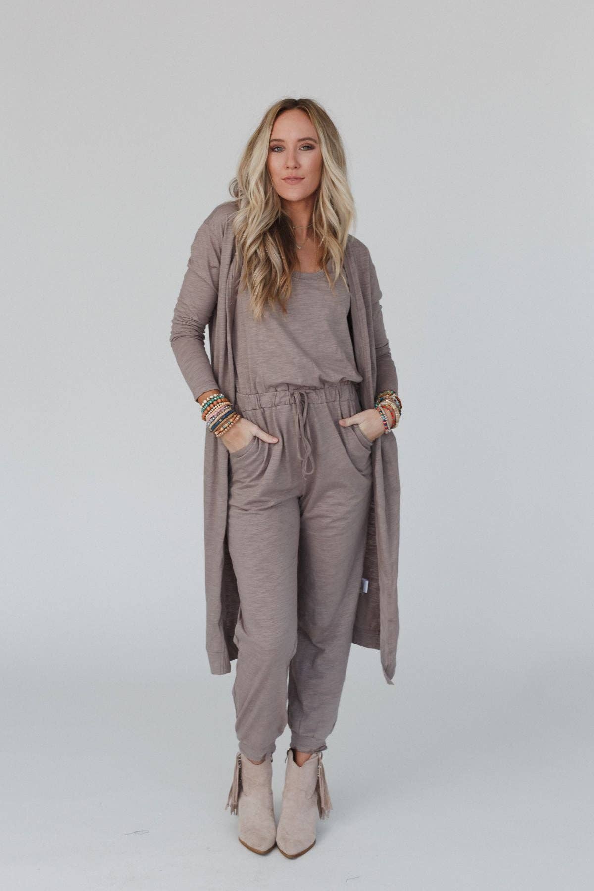 Three Bird Nest Set to Go Textured Jumpsuit And Cardigan Set Mocha