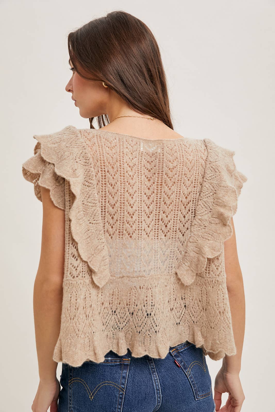 Bluivy OPEN KNIT FLUTTER-SLEEVE POINTELLE SWEATER TOP