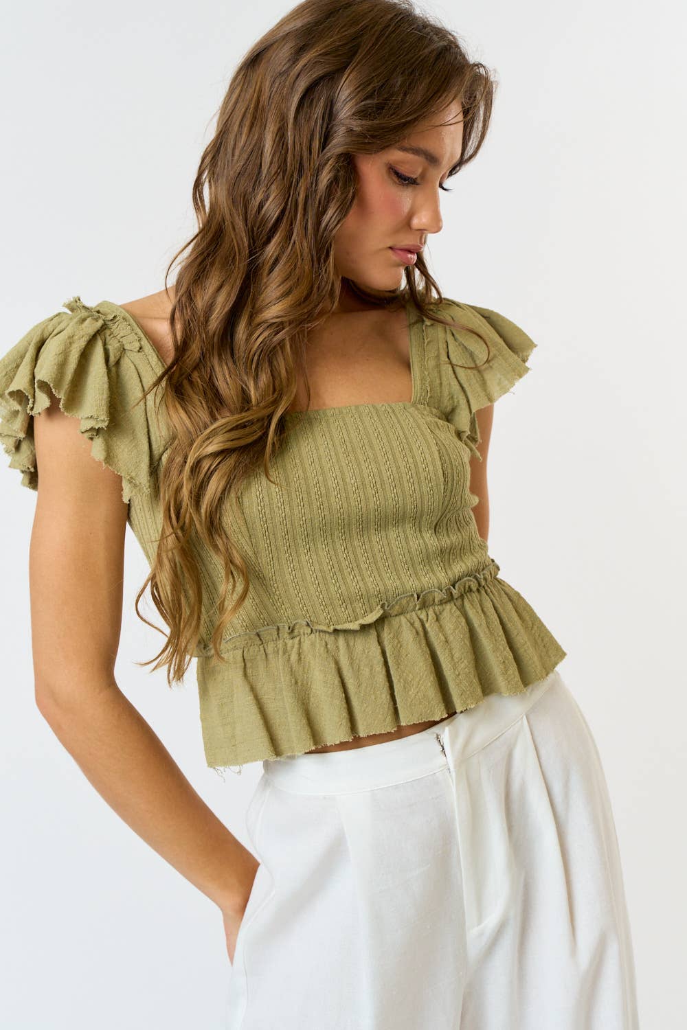 Blue Blush LILY RUFFLED KNIT TOP OLIVE