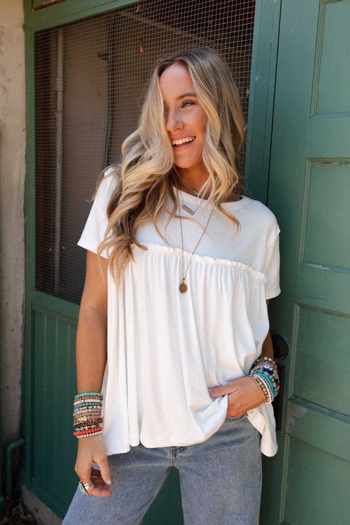 Three Bird Nest SUNDAY MORNING BABYDOLL TOP - WHITE