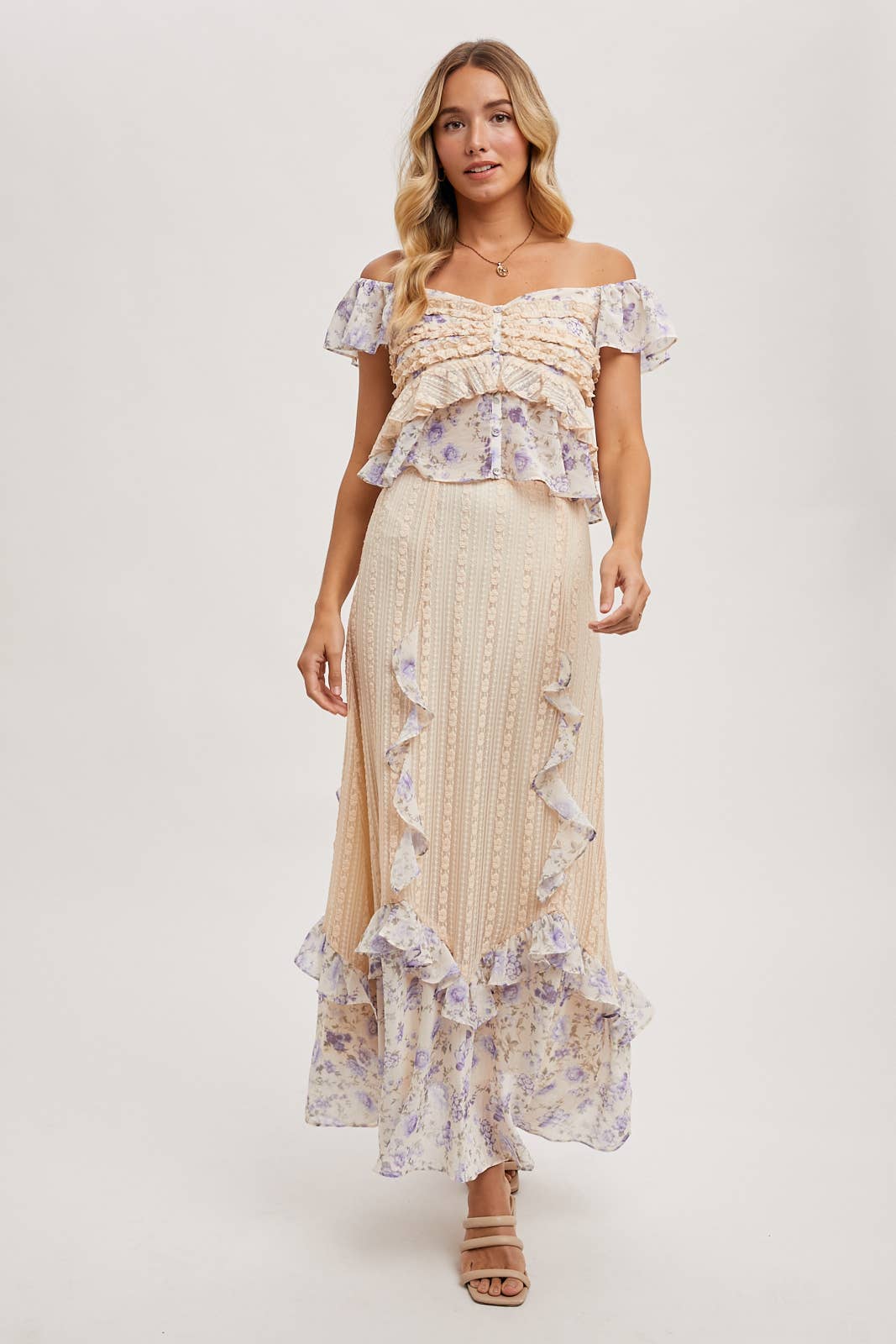 FLORAL PRINT RUFFLE LACE TRIMMED SWEETHEART NECK TOP