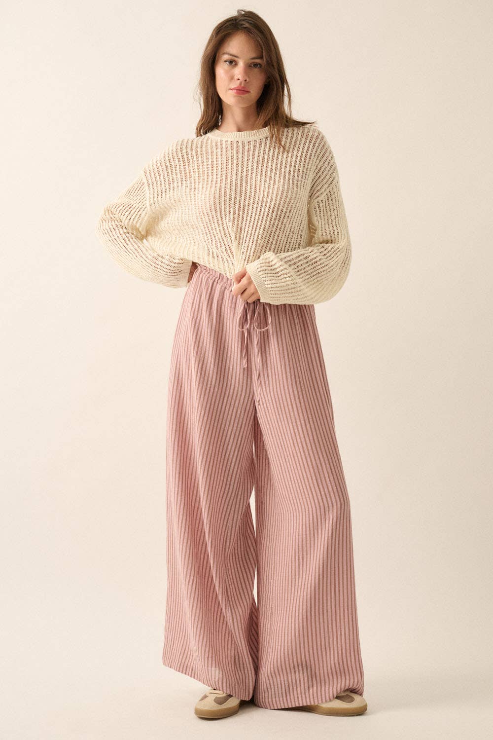 Promesa USA Stripe-Print Woven Wide-Leg Drawstring Pants