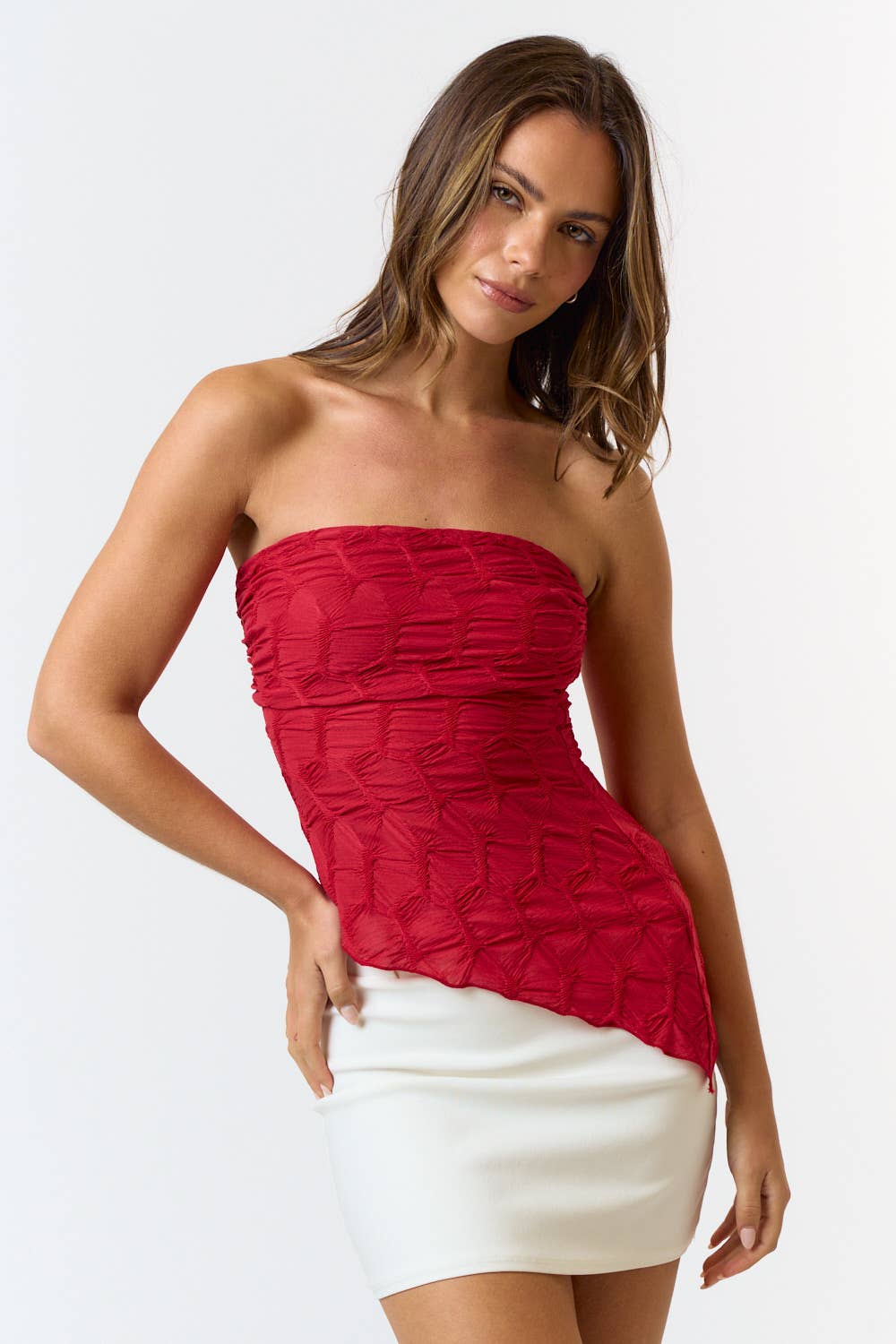 TEXTURED ASYMMETRICAL TUBE TOP