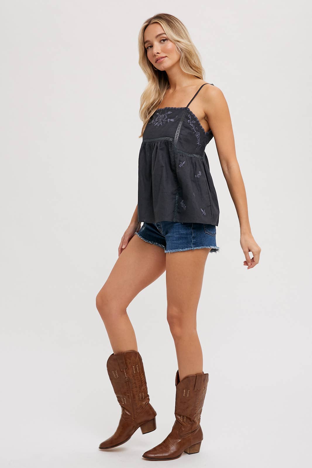 EMBROIDERED BABY DOLL CAMI TOP
