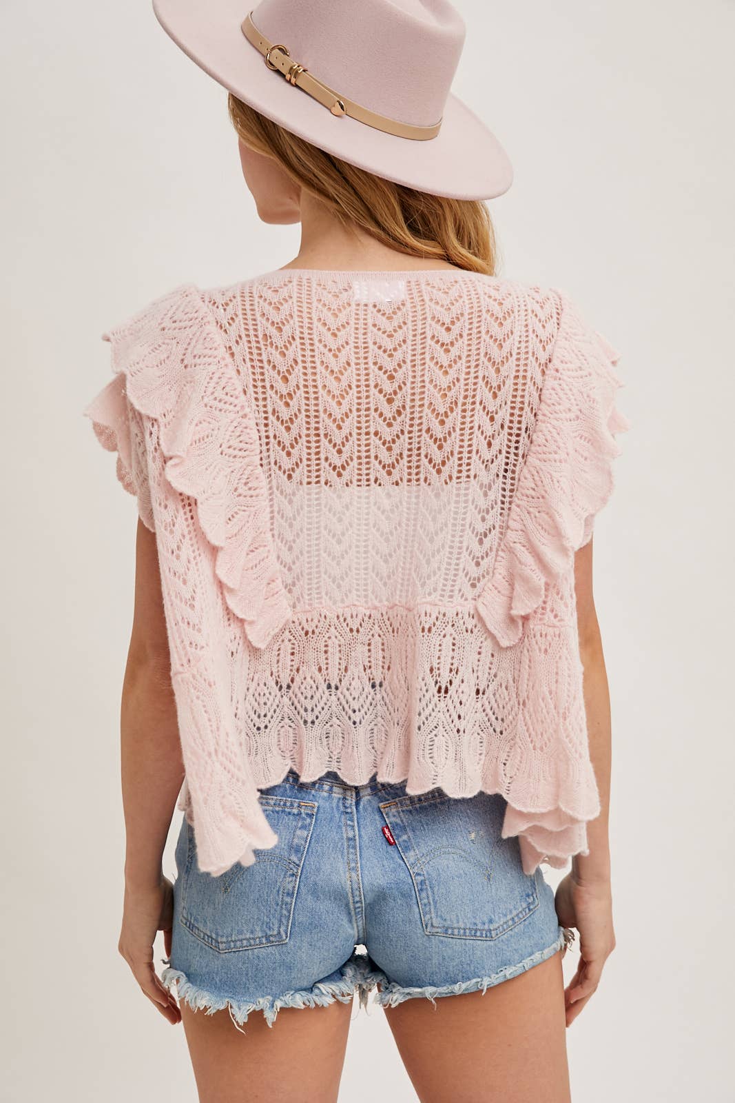 Bluivy OPEN KNIT FLUTTER-SLEEVE POINTELLE SWEATER TOP