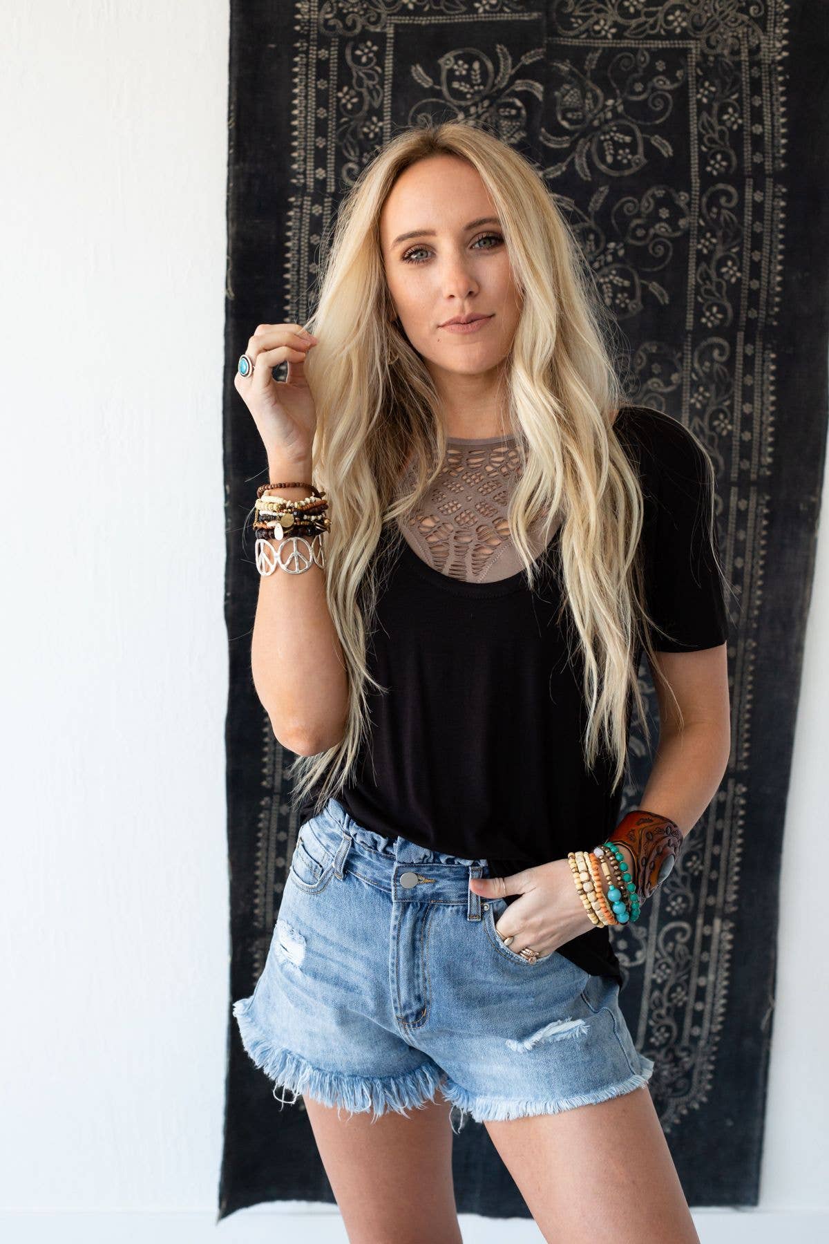 Three Bird Nest Scoop Neck Bralette Tee - Black Black