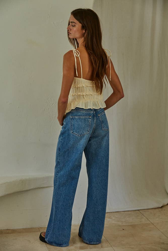 WOVEN COTTON V-NECK RUFFLE TOP