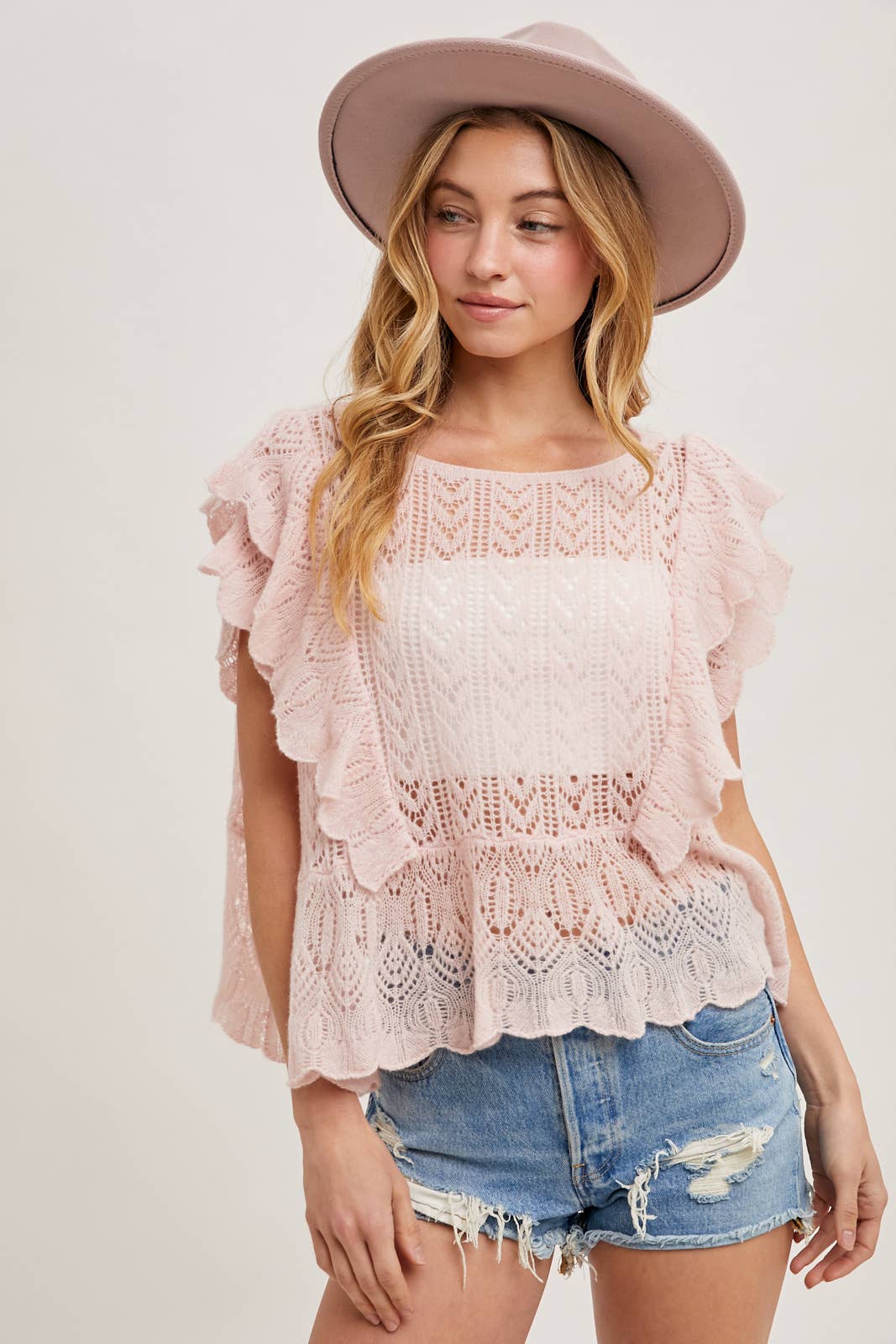 Bluivy OPEN KNIT FLUTTER-SLEEVE POINTELLE SWEATER TOP