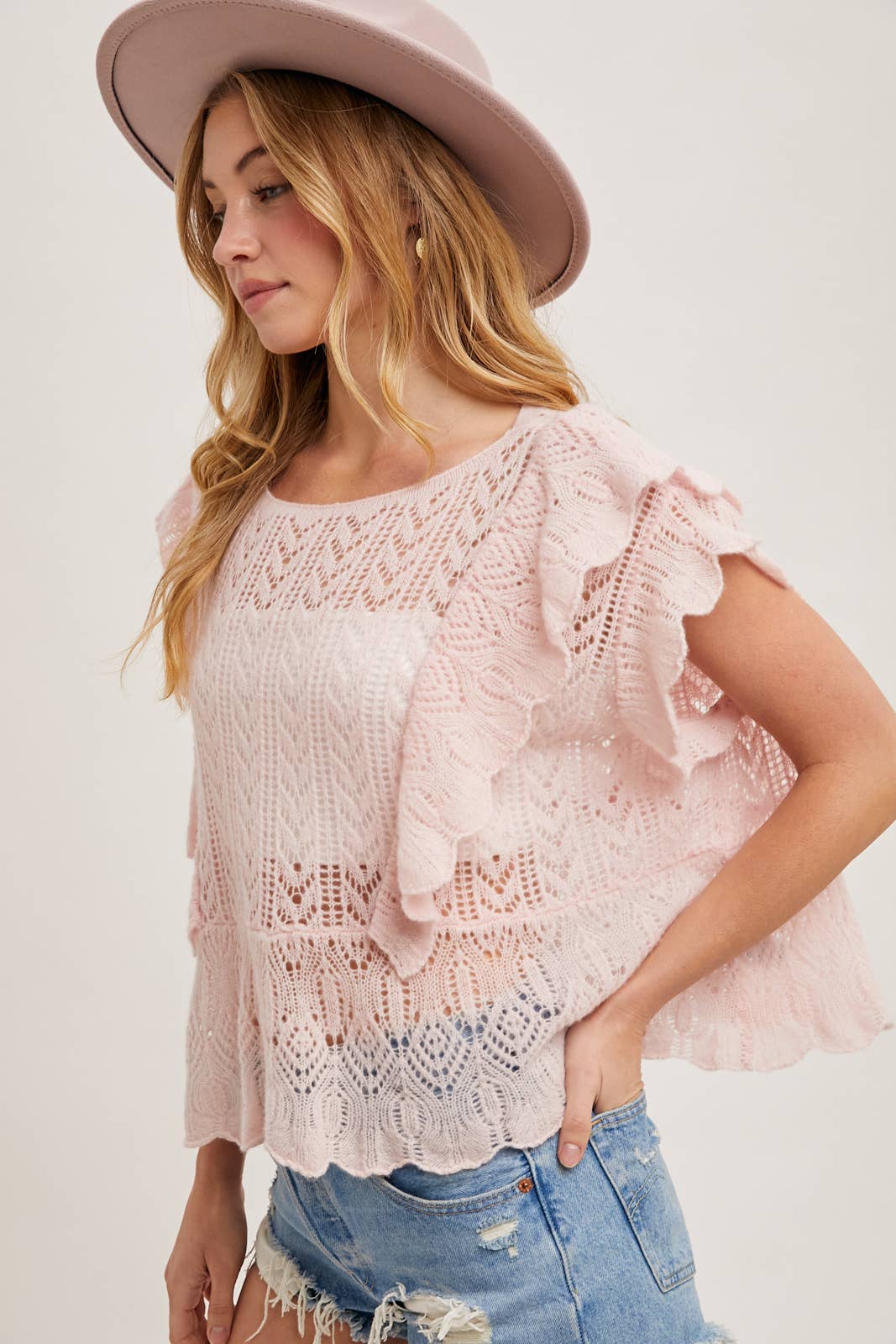 Bluivy OPEN KNIT FLUTTER-SLEEVE POINTELLE SWEATER TOP