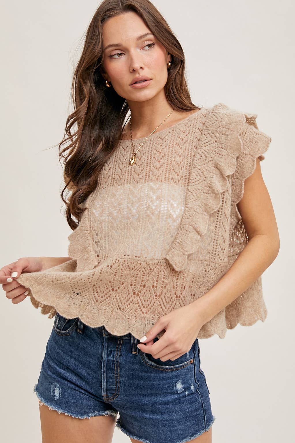 Bluivy OPEN KNIT FLUTTER-SLEEVE POINTELLE SWEATER TOP