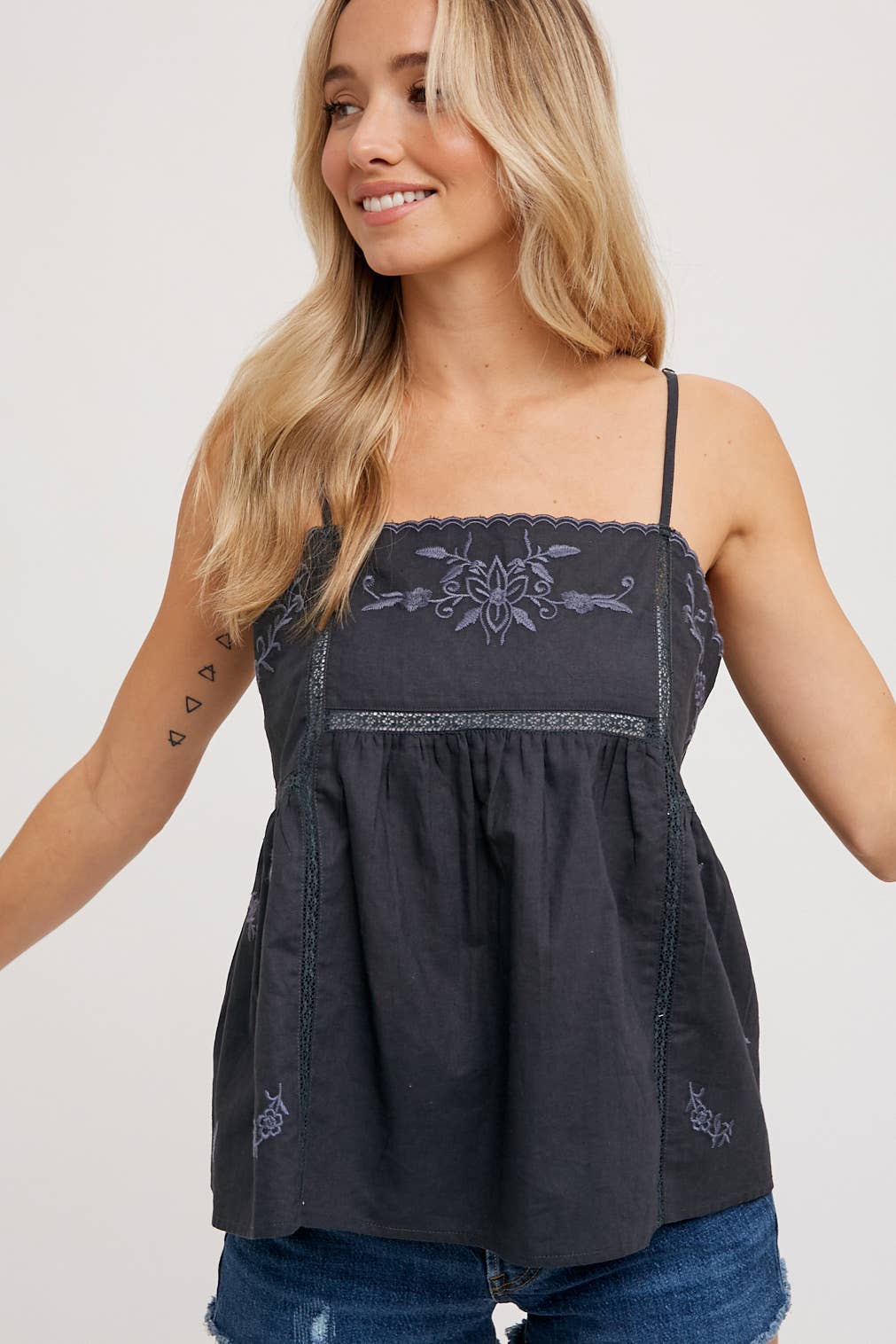 EMBROIDERED BABY DOLL CAMI TOP