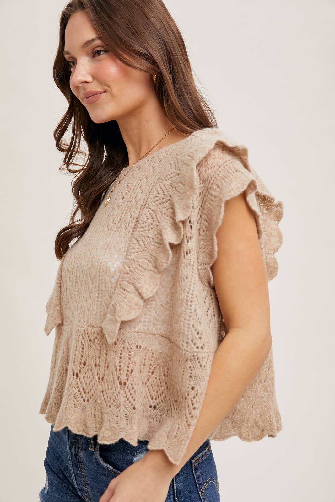 Bluivy OPEN KNIT FLUTTER-SLEEVE POINTELLE SWEATER TOP