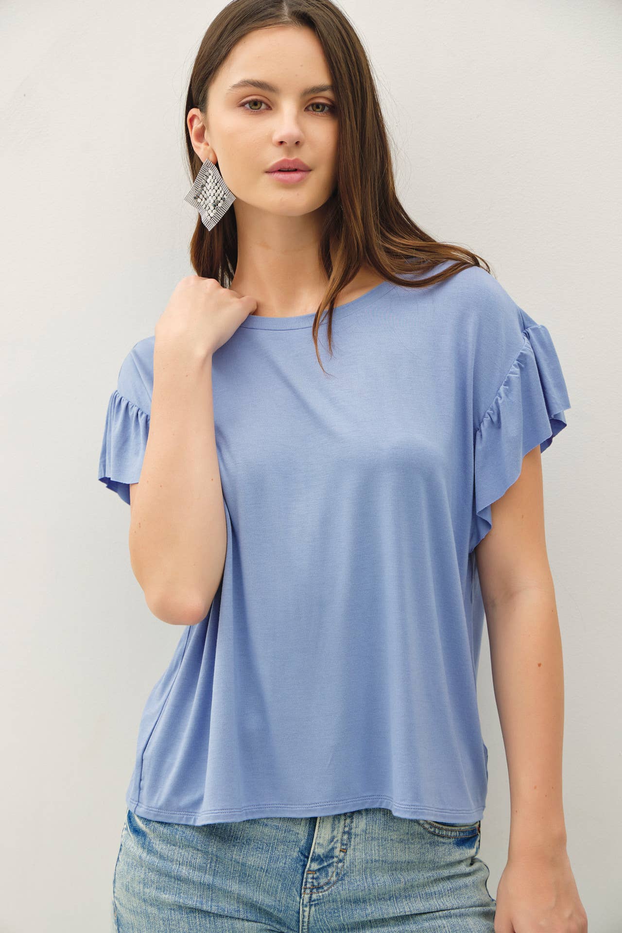 Be Cool BASIC THREADS RUFFLED SHORT SLEEVE TOP DENIM BLUE