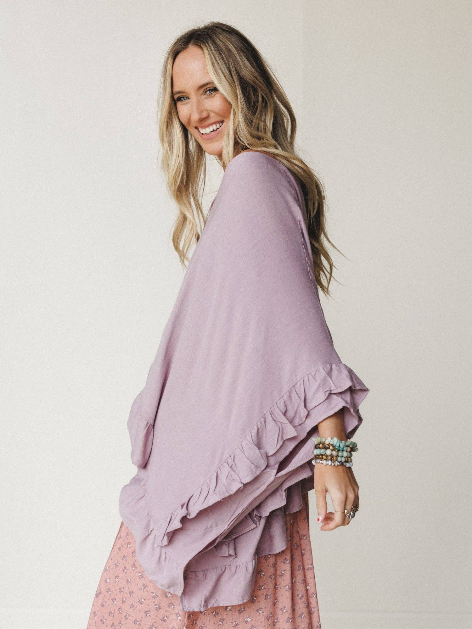 Three Bird Nest Let Me Ruffled Poncho Top - Pale Plum