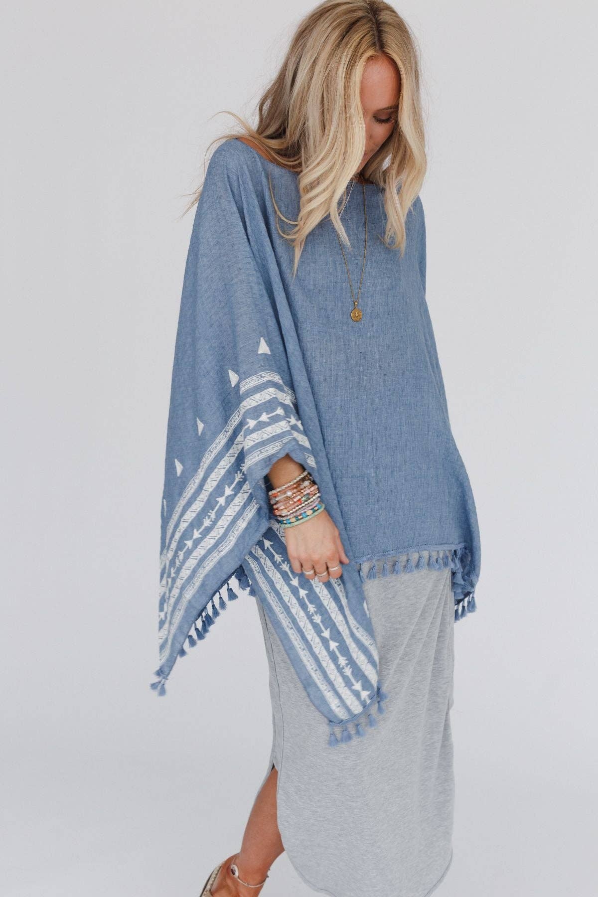 Three Bird Nest Fallon Embroidered Sleeve Tassel Poncho - Blue
