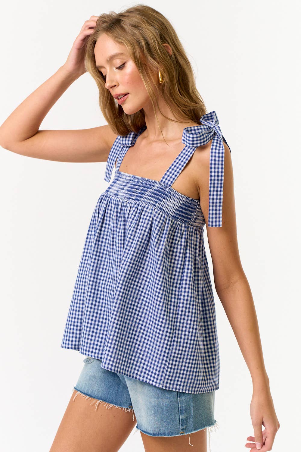 Blue Blush GINGHAM SHOULDER TIE TOP
