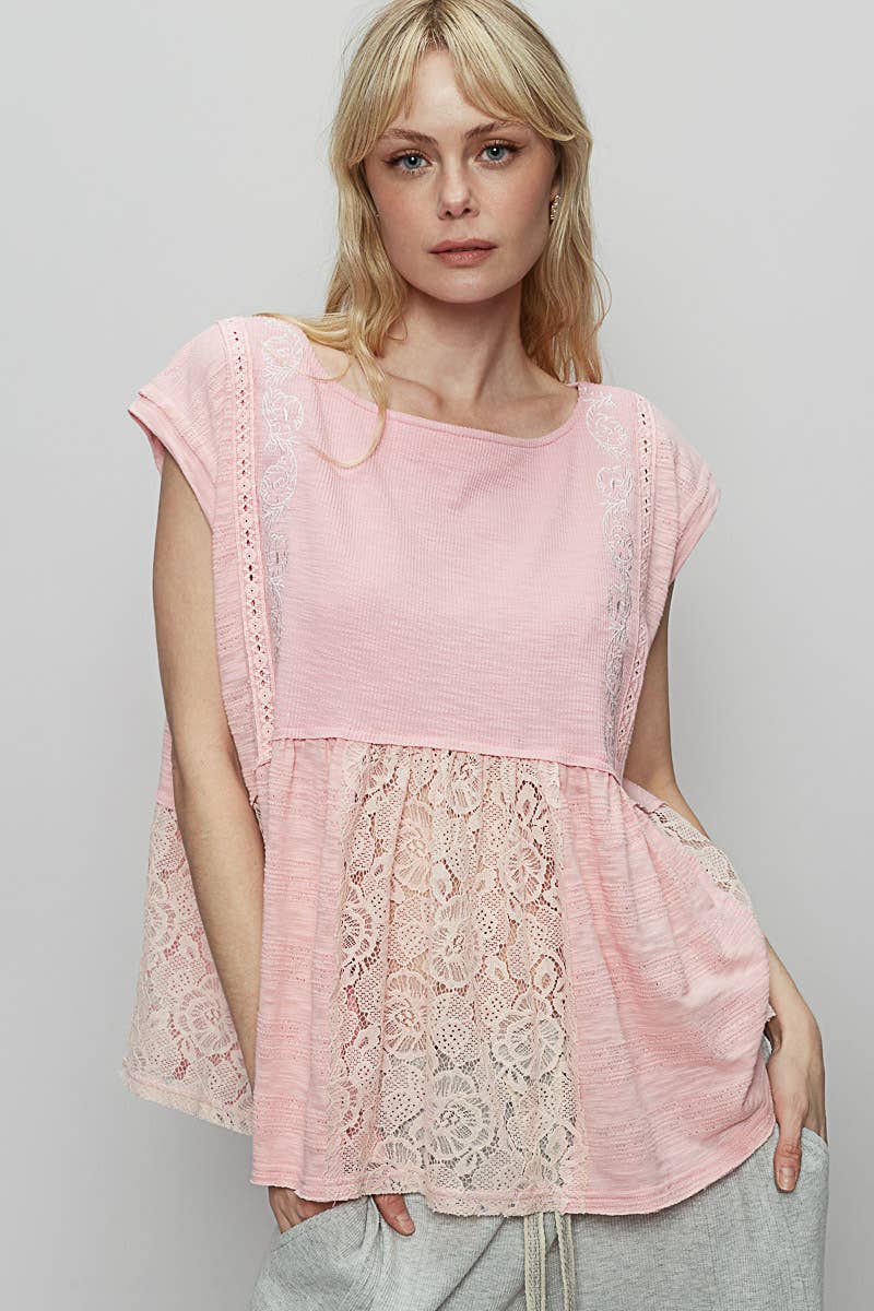 Pol Clothing BOAT NECK SOLID EMBROIDERY TEXTURED KNIT TOP SOFT PINK