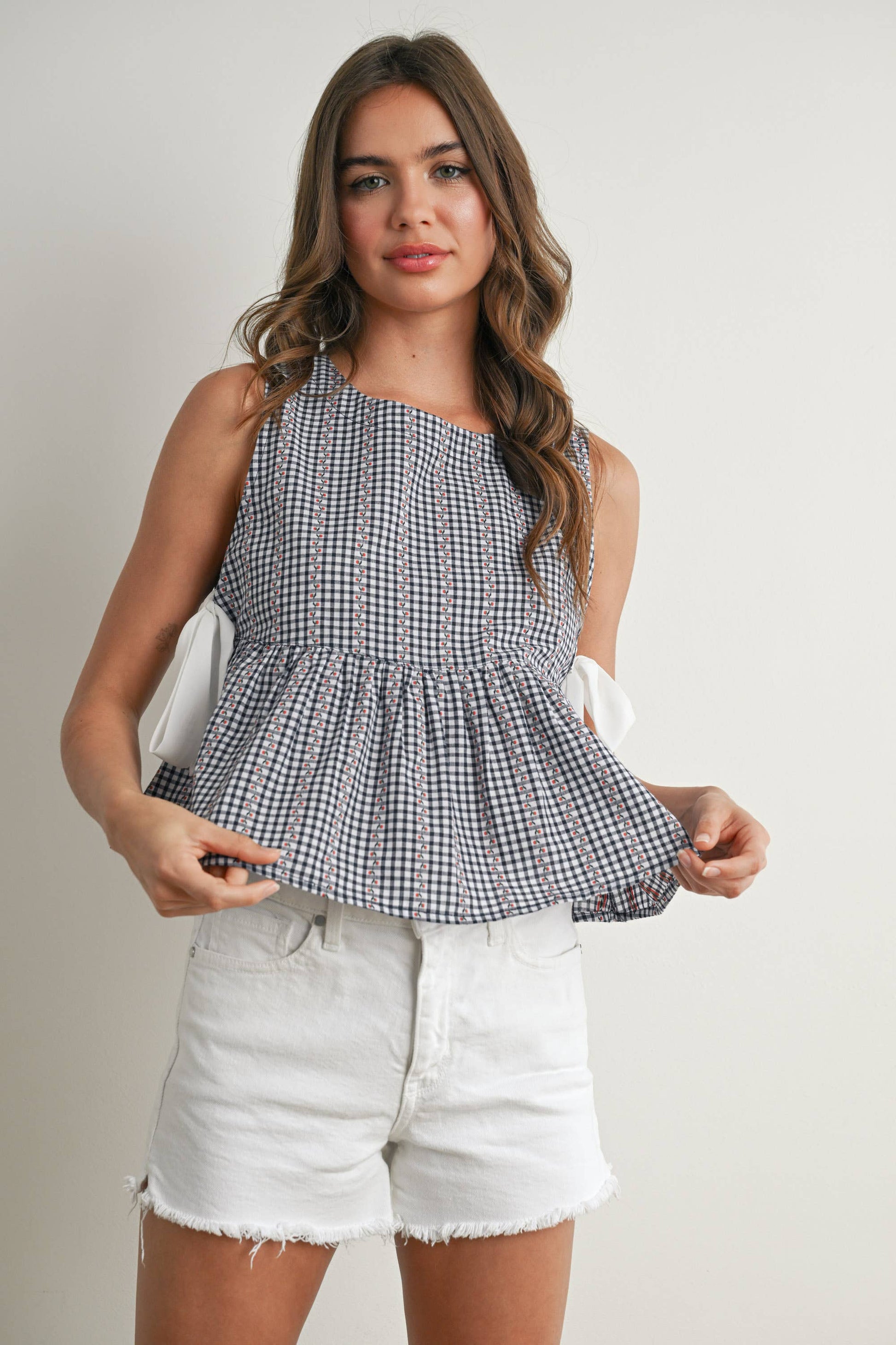 BUTTERMELON SKY MEADOW PEPLUM TOP NAVY IVORY