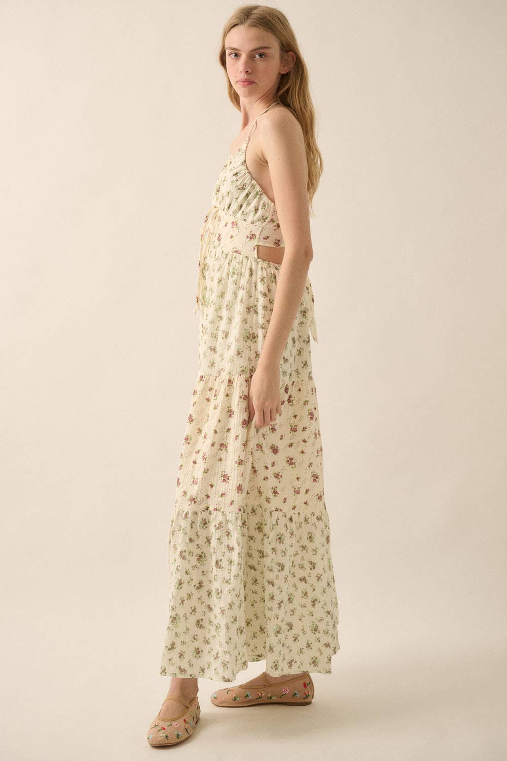 Promesa USA Floral Crinkle Cotton Colorblock Tiered Maxi Dress