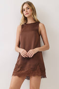 TCEC CD07308-Satin Eyelash Lace Trim Shift Mini Dress Chocolate