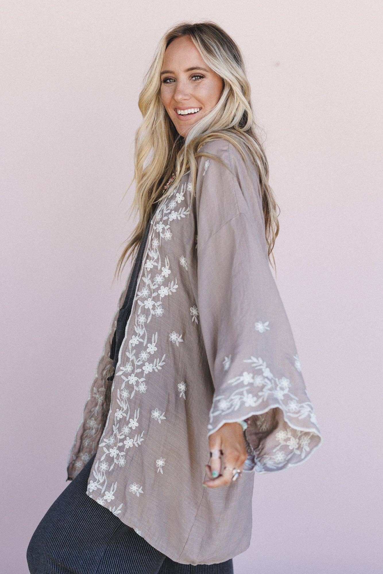 Three Bird Nest Flower Crowns Embroidered Kimono - Mocha