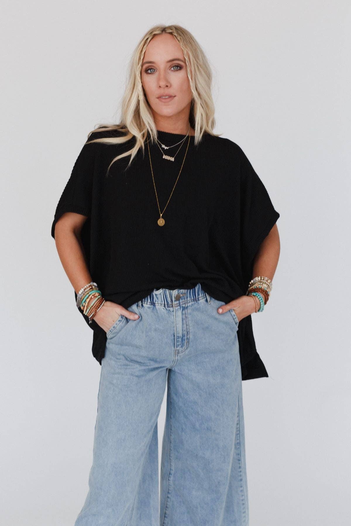 Three Bird Nest Moon Glow Texture Knit Top - Black