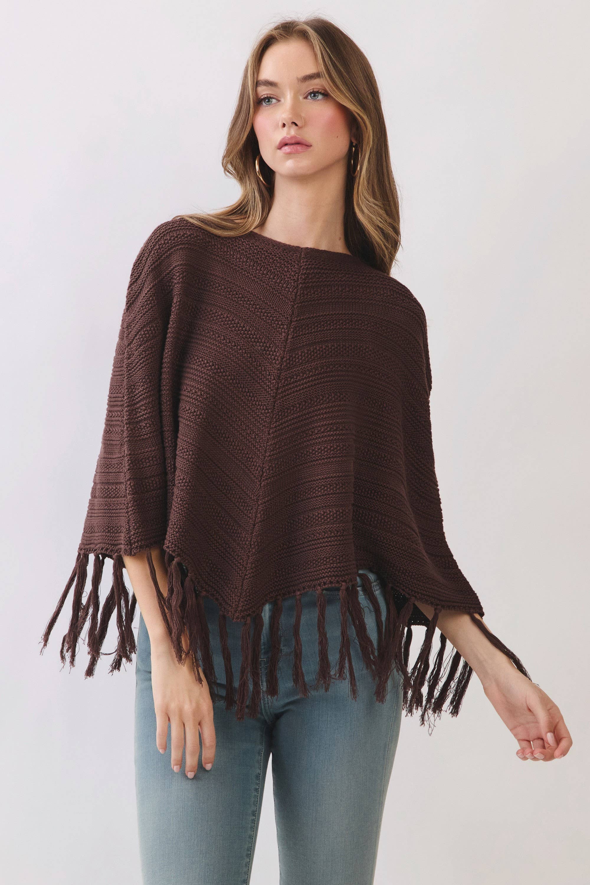 TCEC CW2663-Fringe Hem Boat Neckline Knit Poncho