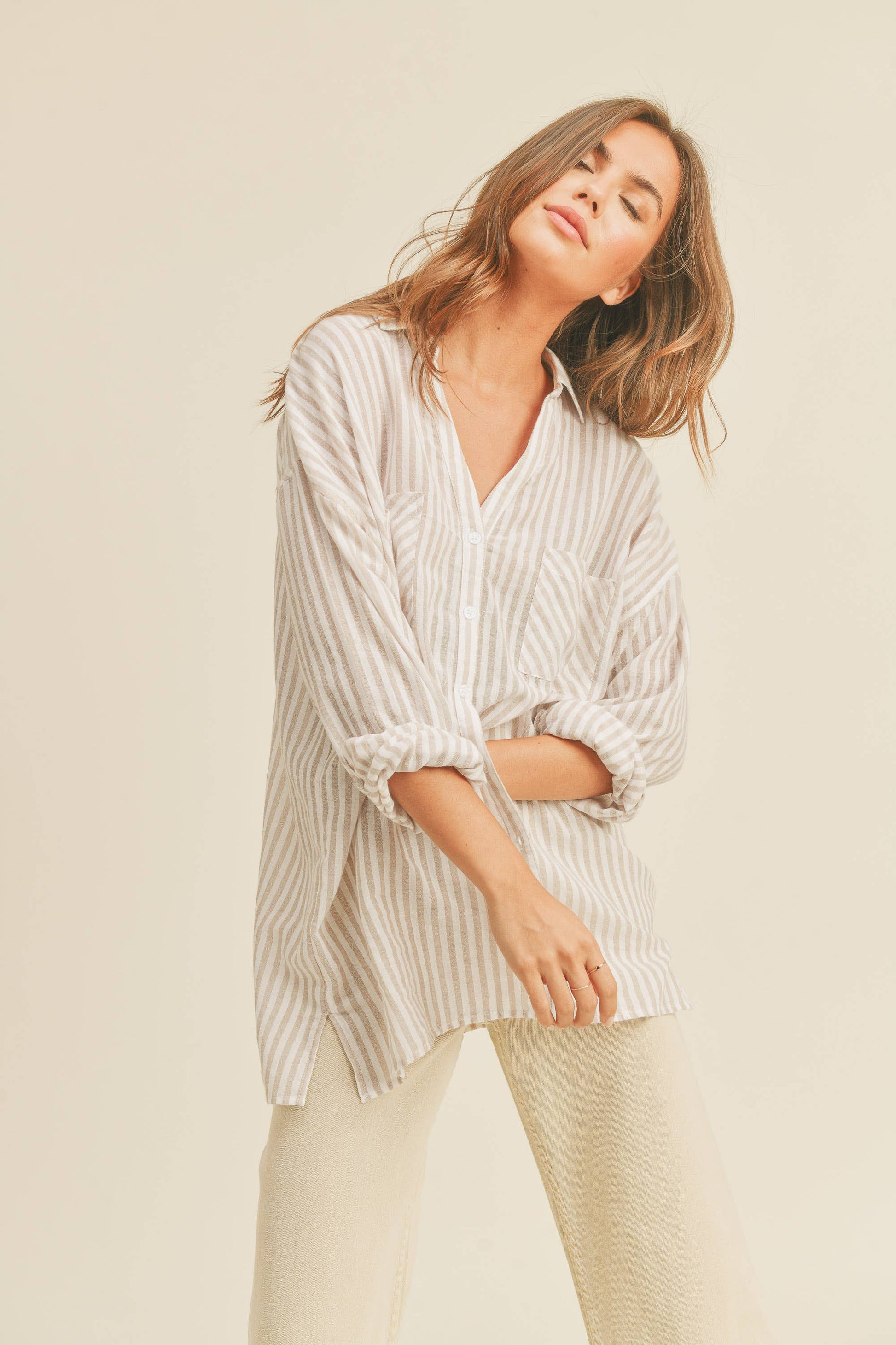 MIOU MUSE STRIPED BUTTON DOWN SHIRTS BEIGE