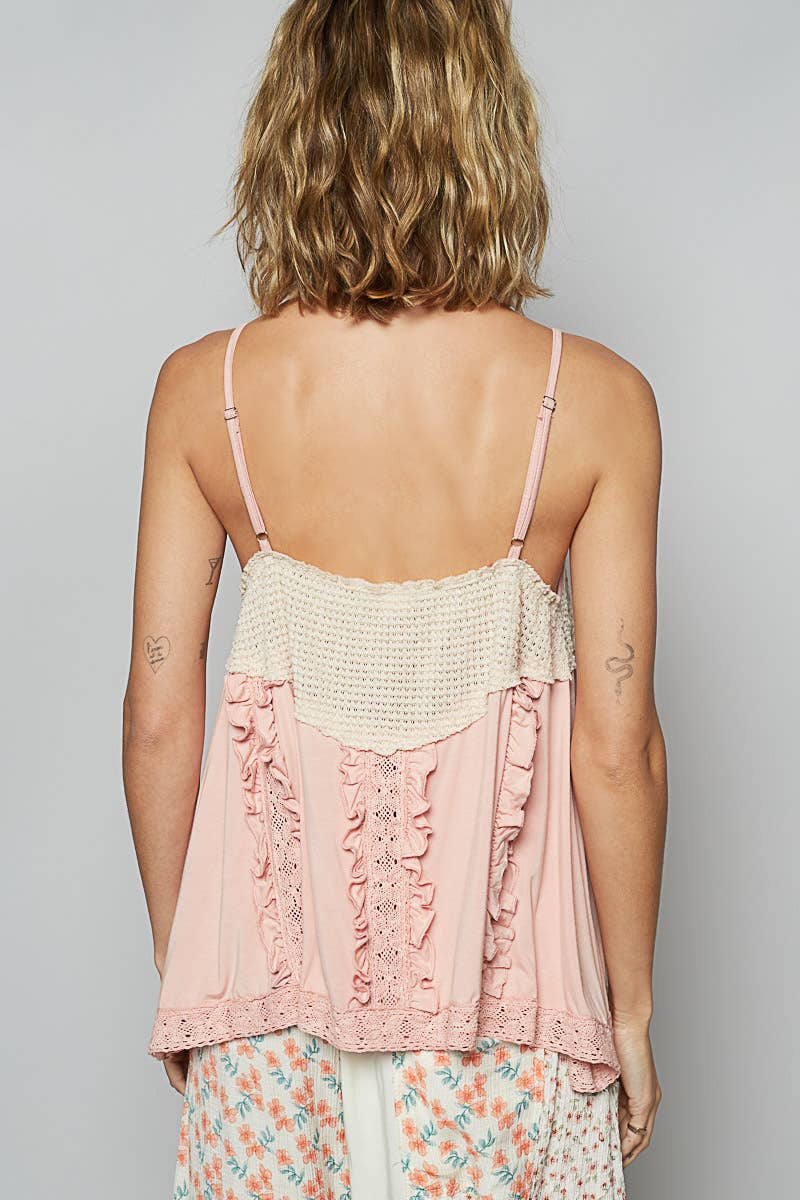 Pol Clothing V-neck sleeveless thermal contrast big ruffle front knit top