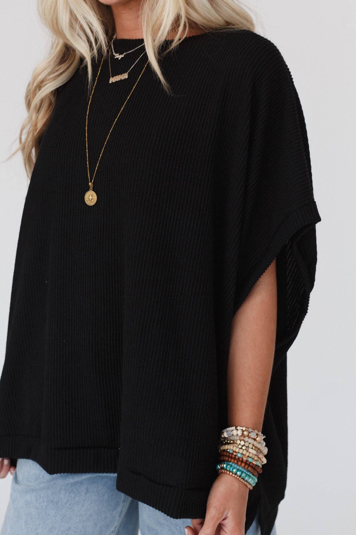 Three Bird Nest Moon Glow Texture Knit Top - Black
