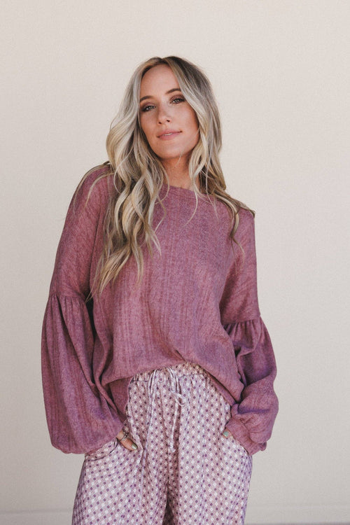 Three Bird Nest Sweet Heart Balloon Sleeve Knit Sweater - Mulberry