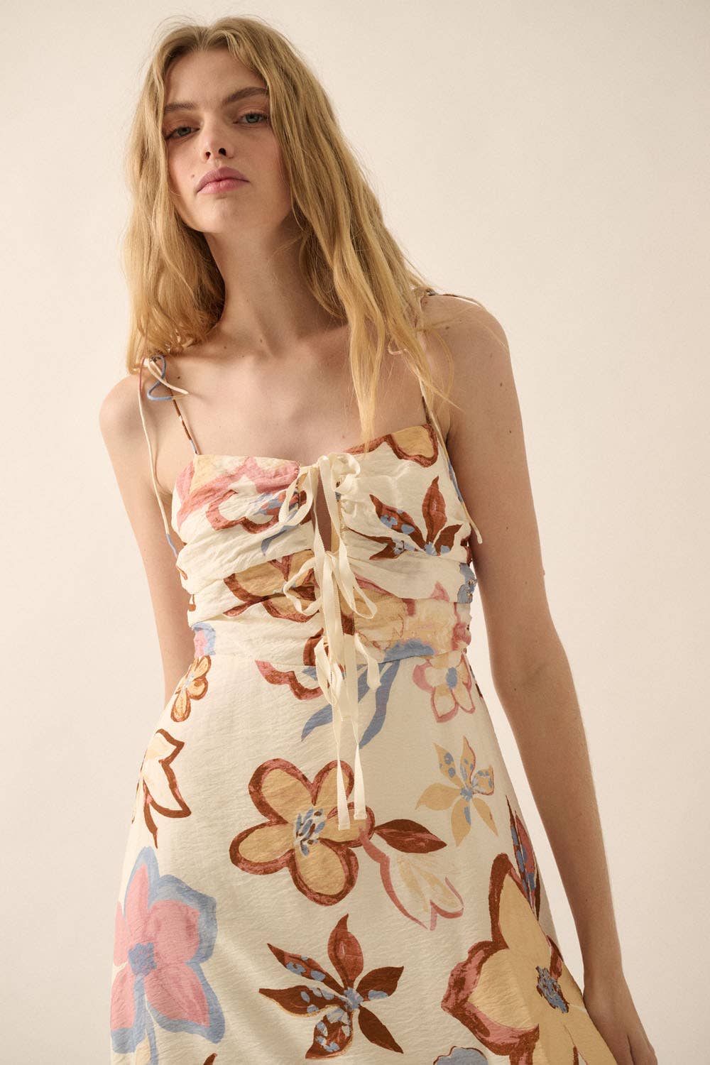 Promesa USA TEXTURED FLORAL-PRINT TIE-FRONT RUFFLE MIDI DRESS