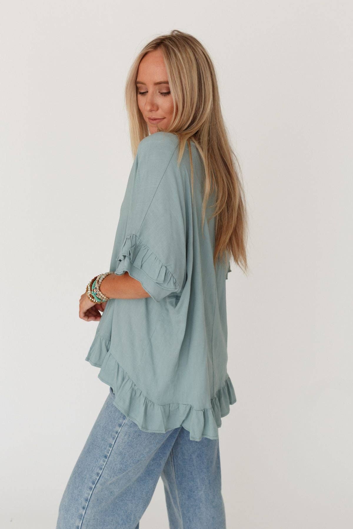 Three Bird Nest Let Me Be Ruffled Top - Beach Glass