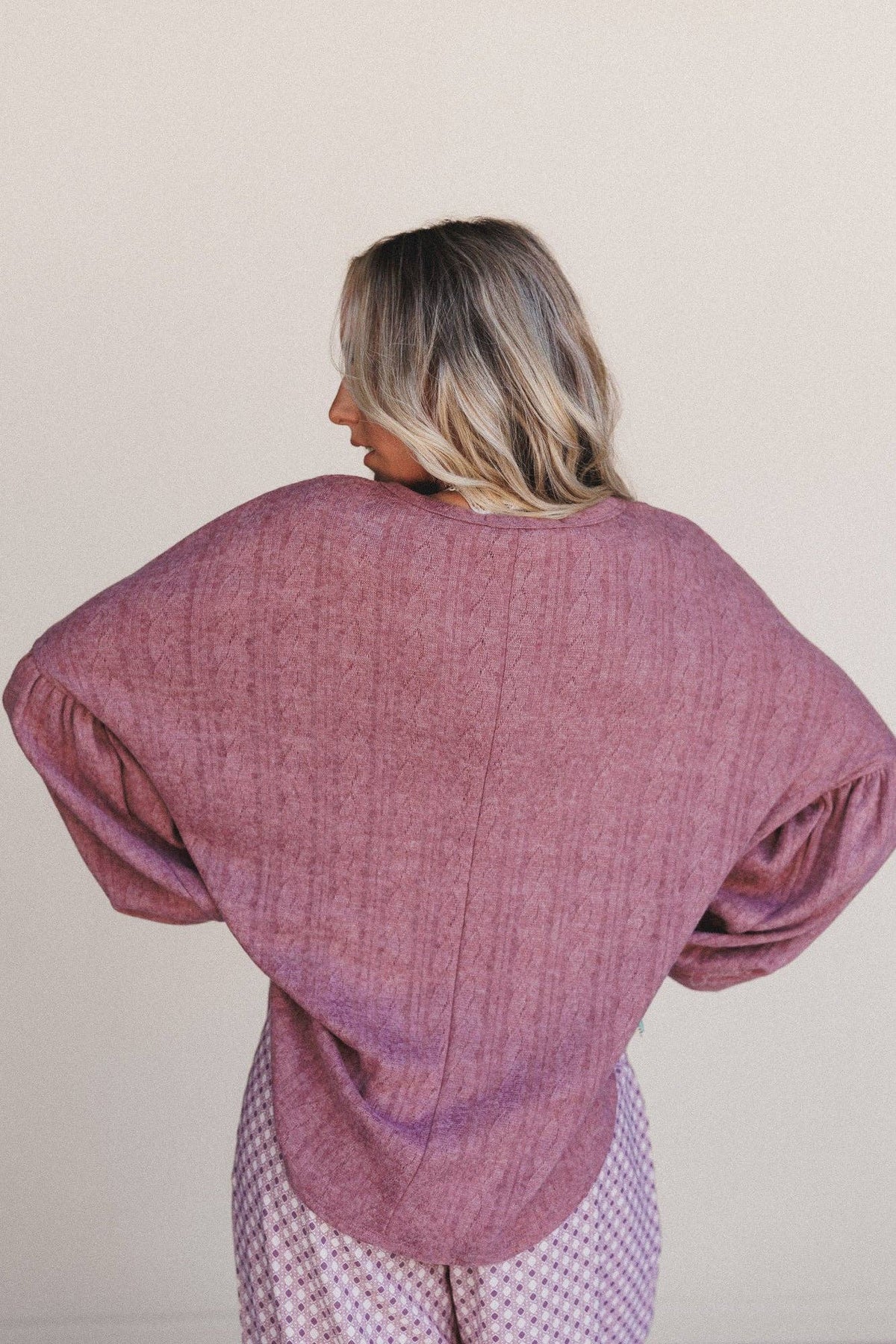Three Bird Nest Sweet Heart Balloon Sleeve Knit Sweater - Mulberry