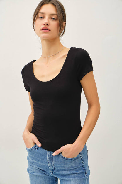 Be Cool BASIC DOUBLE LINED SCOOP NECK CAP SLEEVE TOP Black