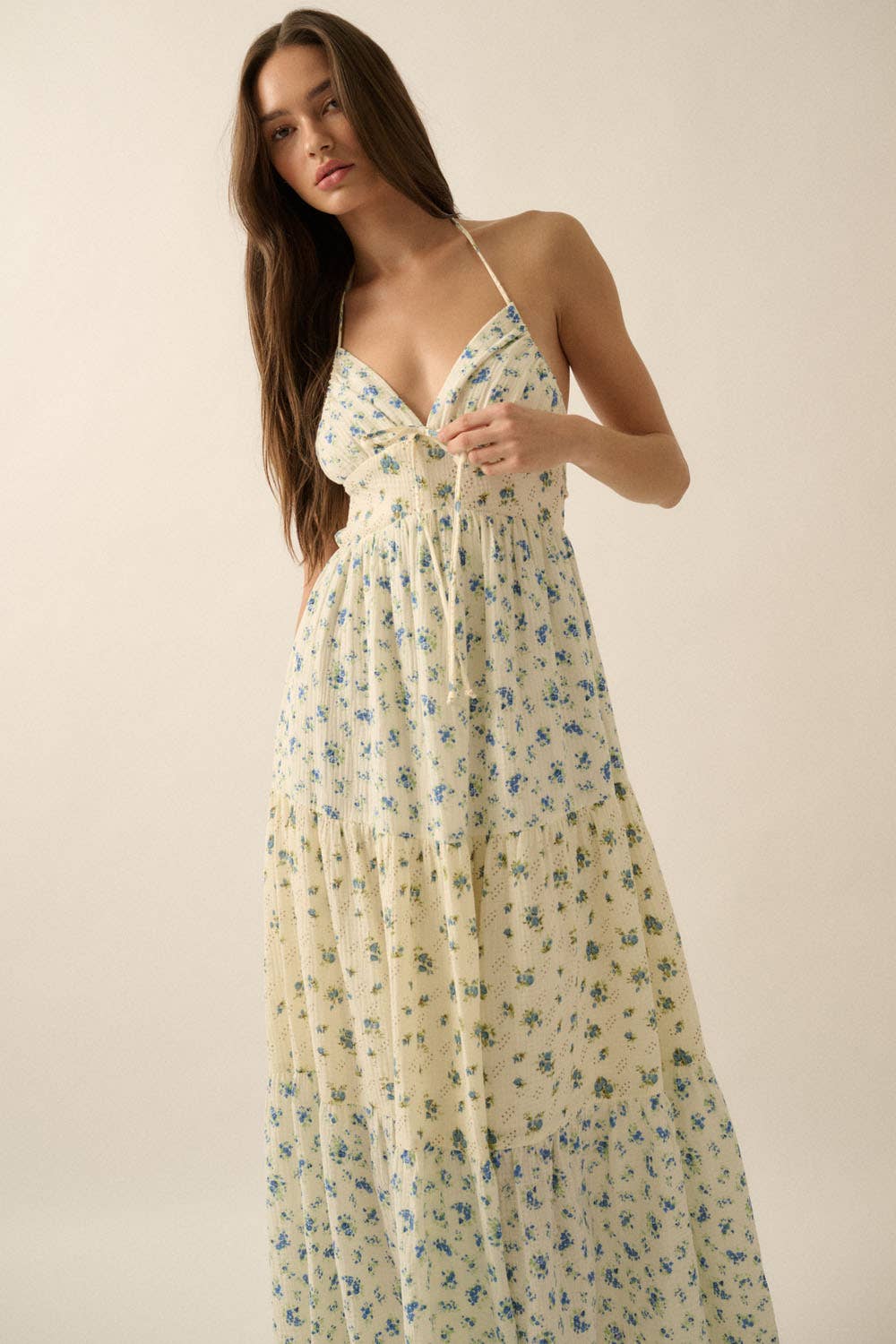 Promesa USA Floral Crinkle Cotton Colorblock Tiered Maxi Dress