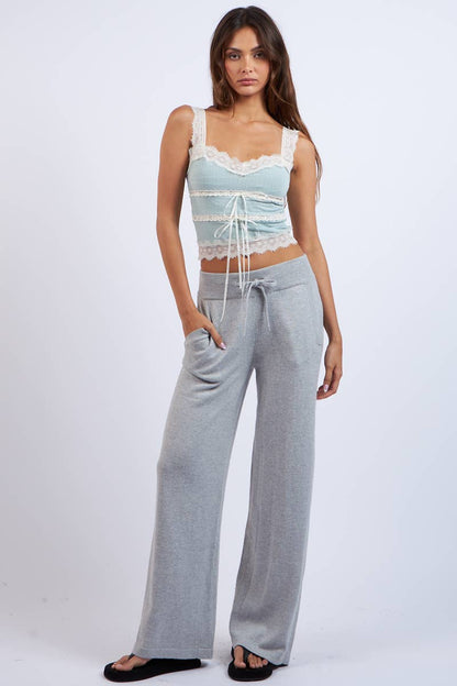 DOUBLE TIES TIERED WIDE LACE TRIM CROP CAMI TOP