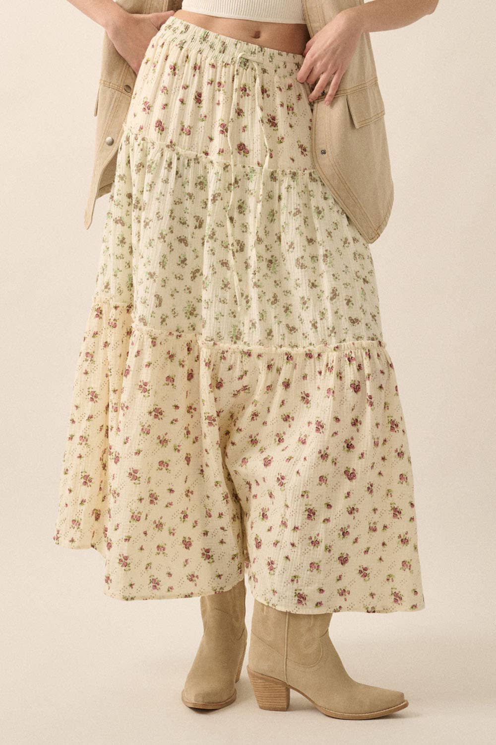 Promesa USA FLORAL CRINKLE COTTON COLORBLOCK TIERED MAXI SKIRT