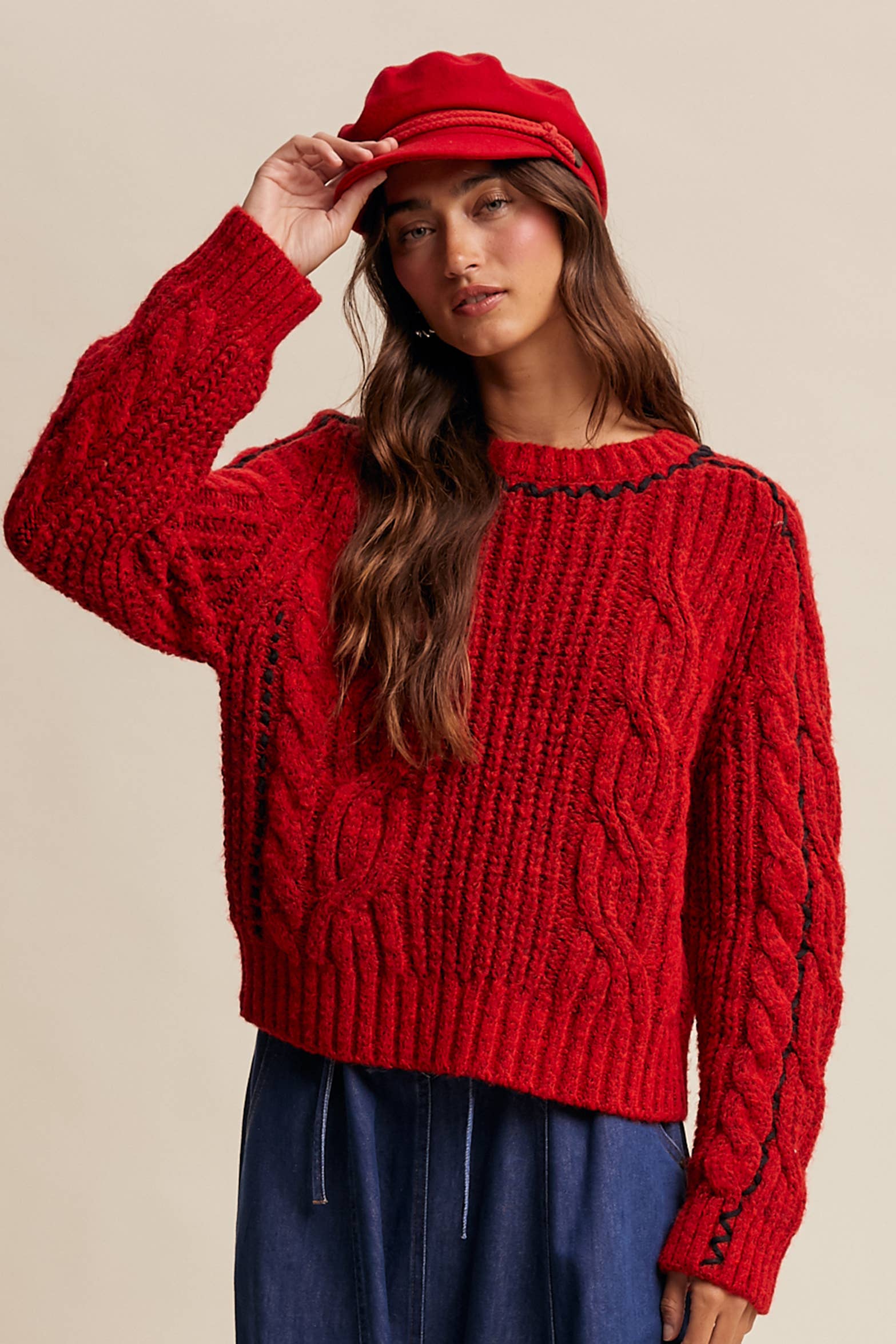 Listicle Fireside Cable Knit Sweater Contemporary Red