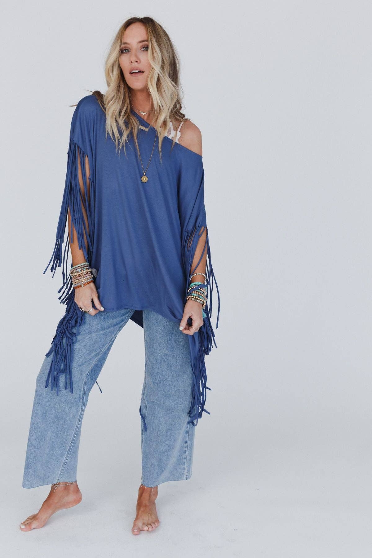Three Bird Nest Western Showstopper Fringe Top - Denim