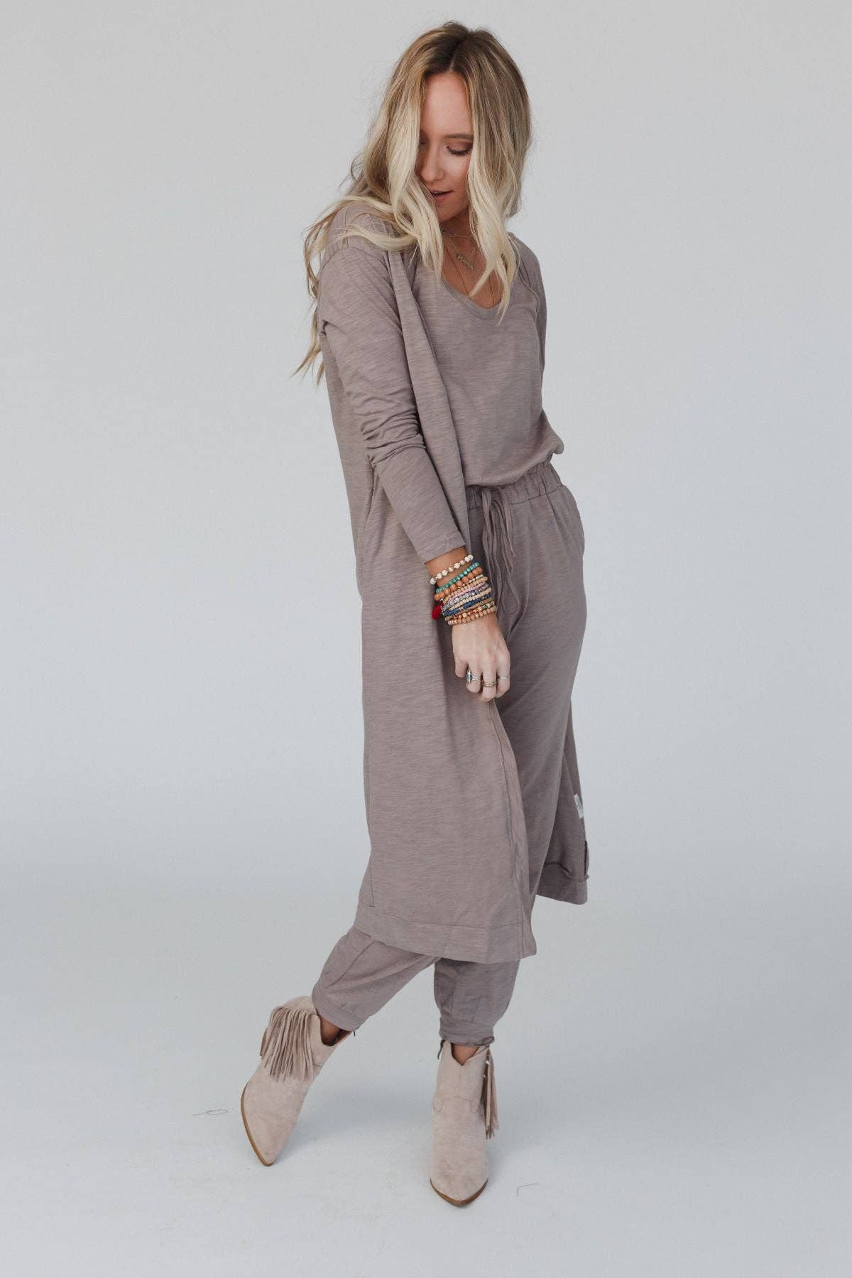 Three Bird Nest Set to Go Textured Jumpsuit And Cardigan Set