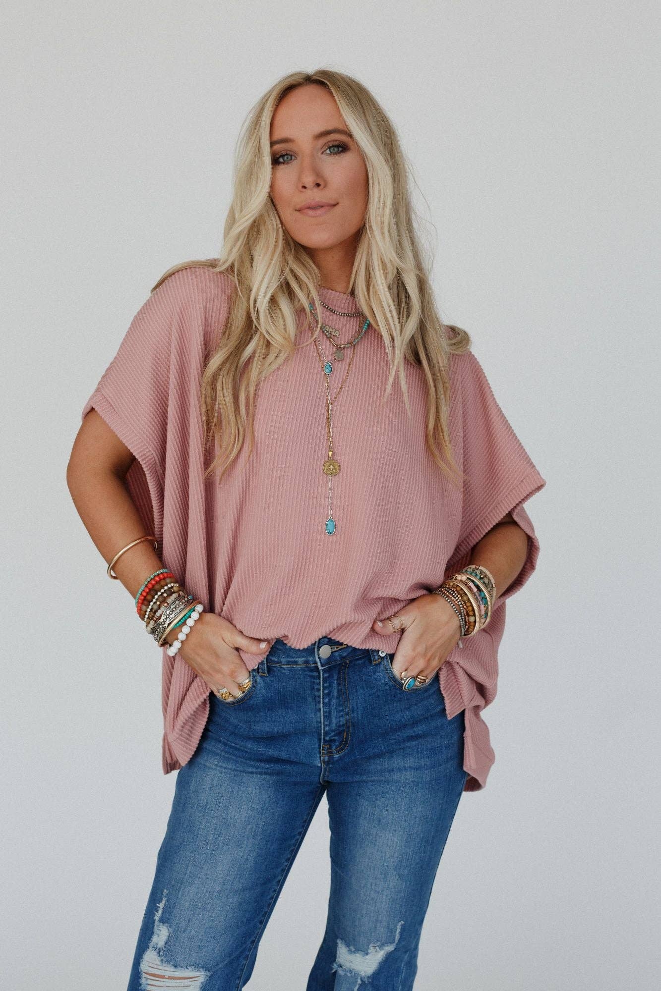 Three Bird Nest Moon Glow Texture Knit Top - Rose Faded