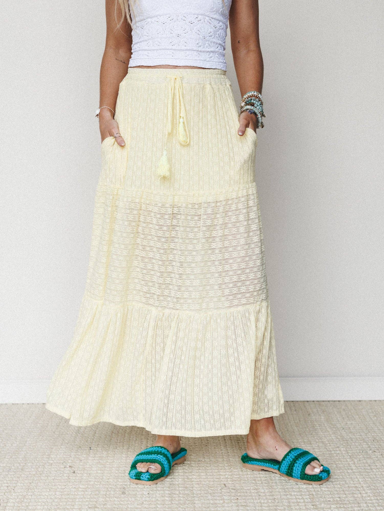 Three Bird Nest Golden Drift Tiered Maxi Skirt - Yellow