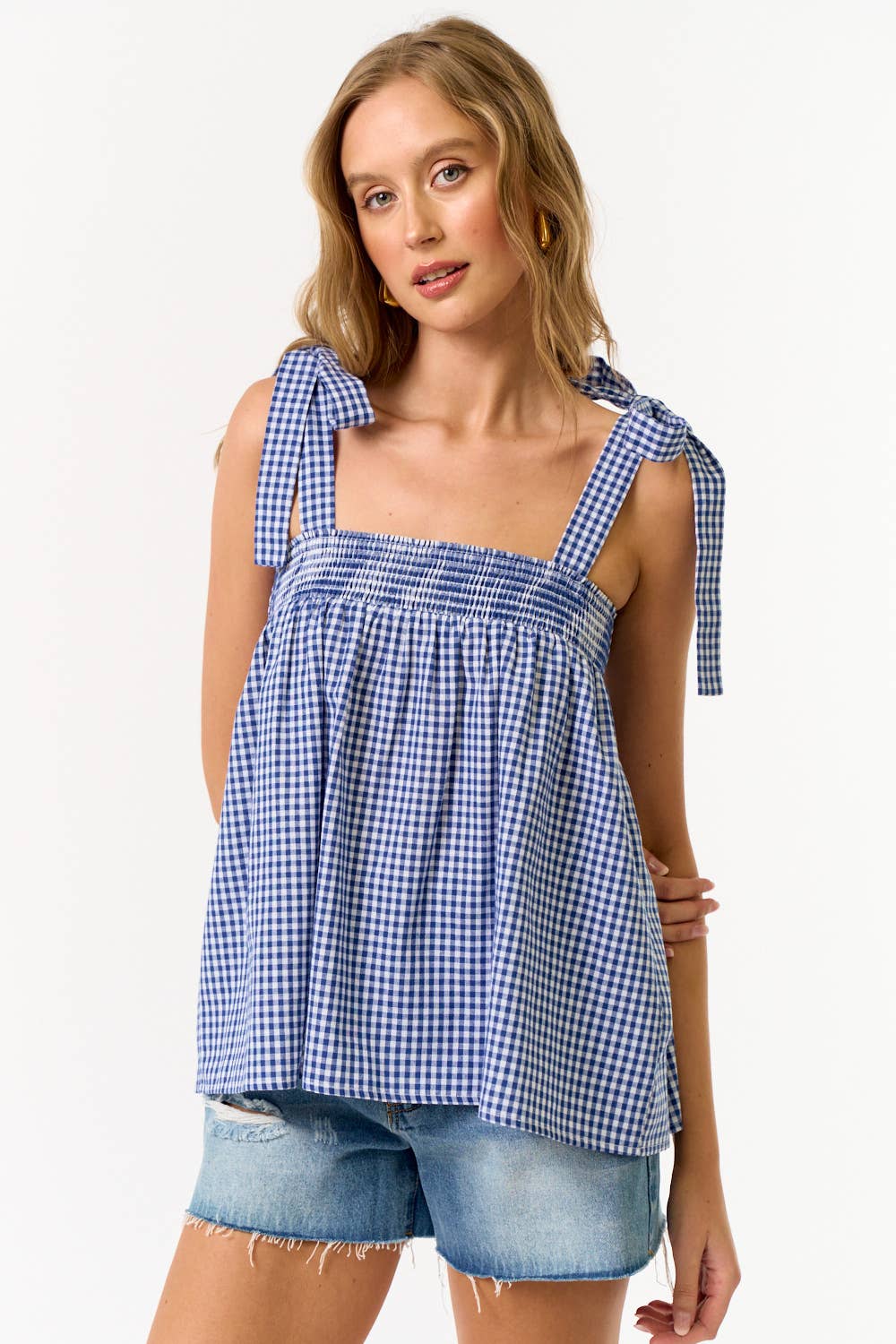Blue Blush GINGHAM SHOULDER TIE TOP