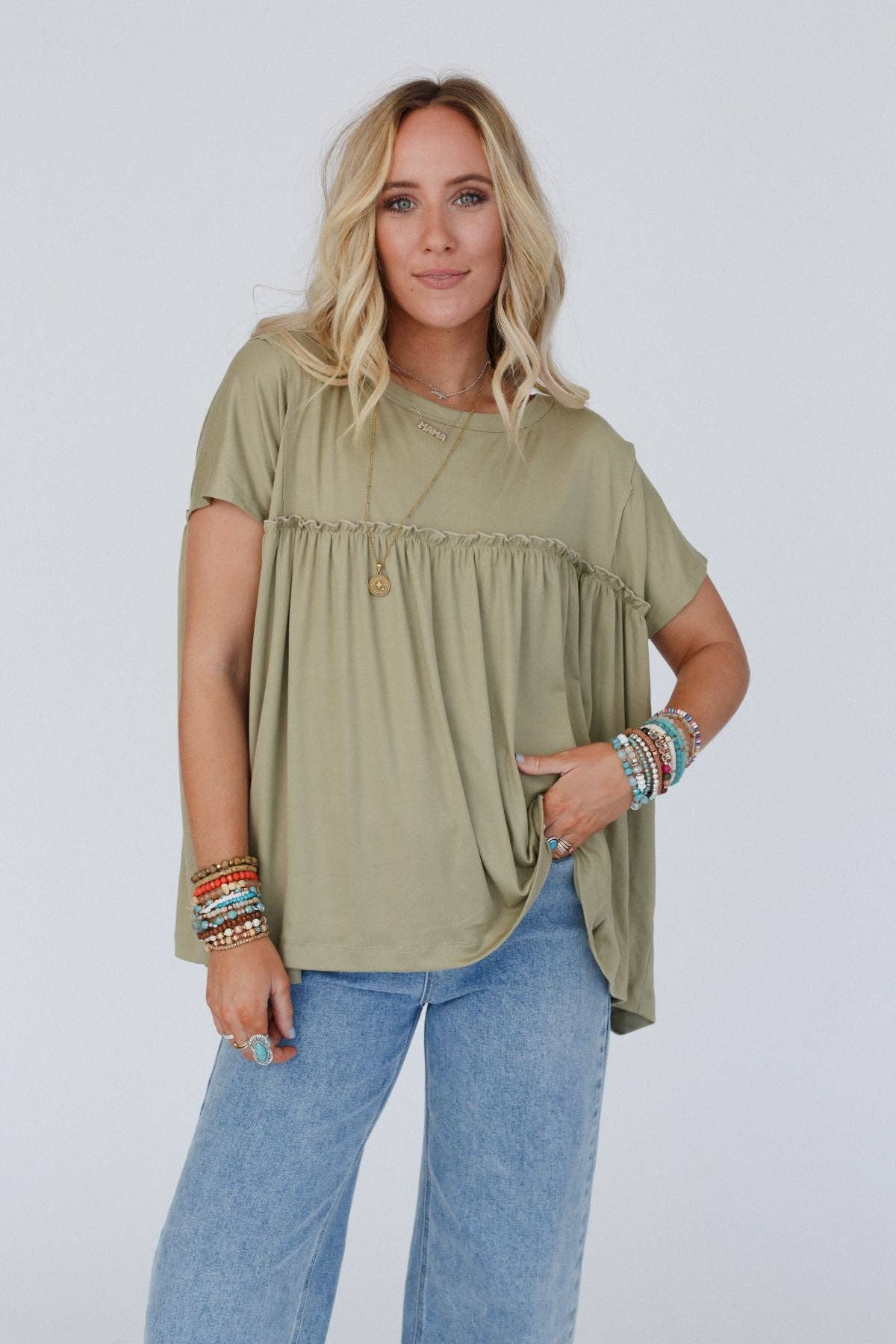Three Bird Nest Sunday Morning Babydoll Top - Light Olive