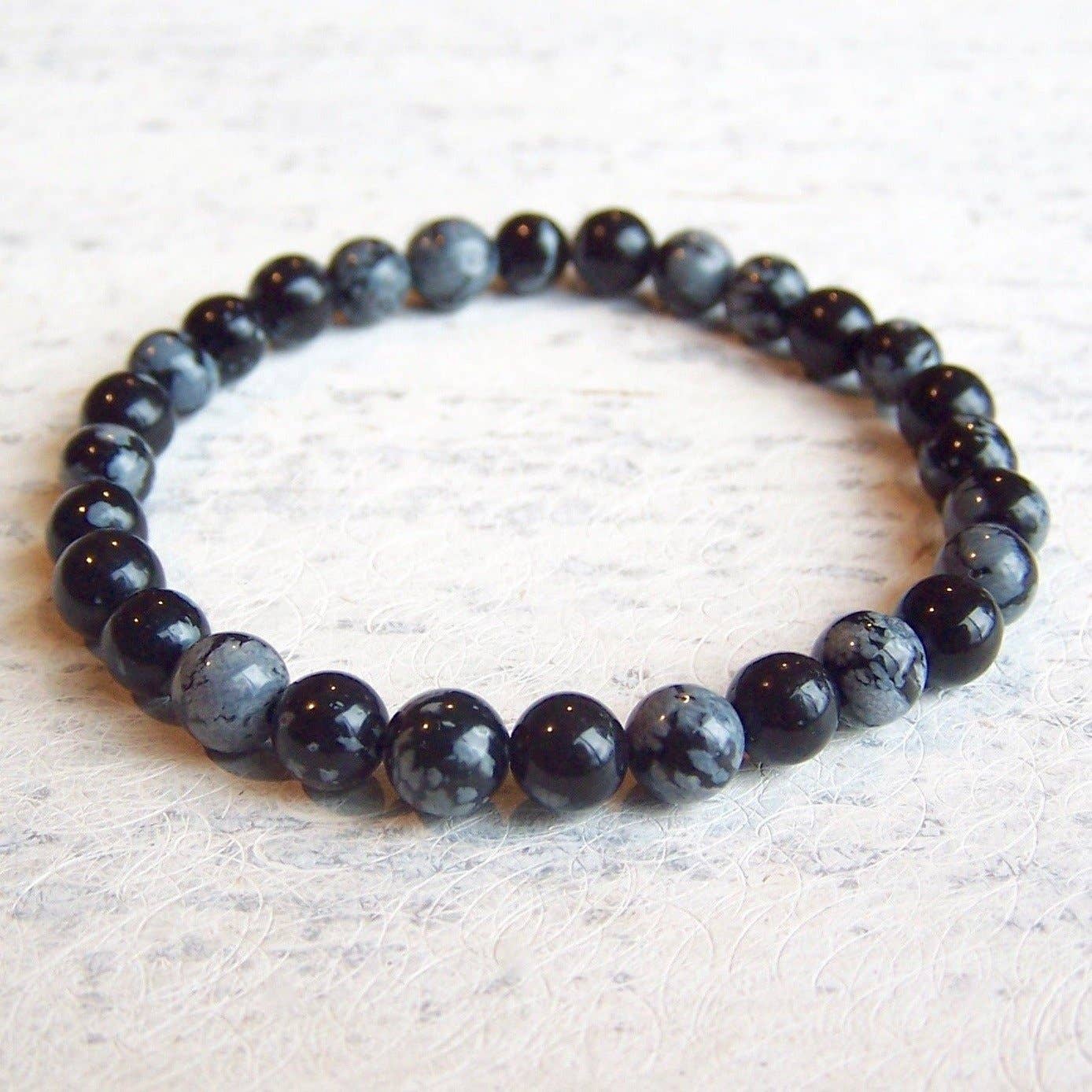 Jo Bird Jewelry Gemstone Elastic Bracelet - 6mm Black & White Snowflake Obsidian