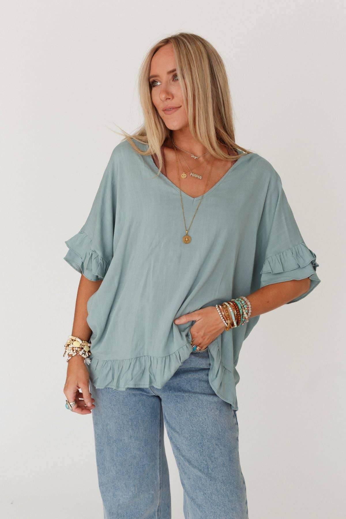 Three Bird Nest Let Me Be Ruffled Top - Beach Glass