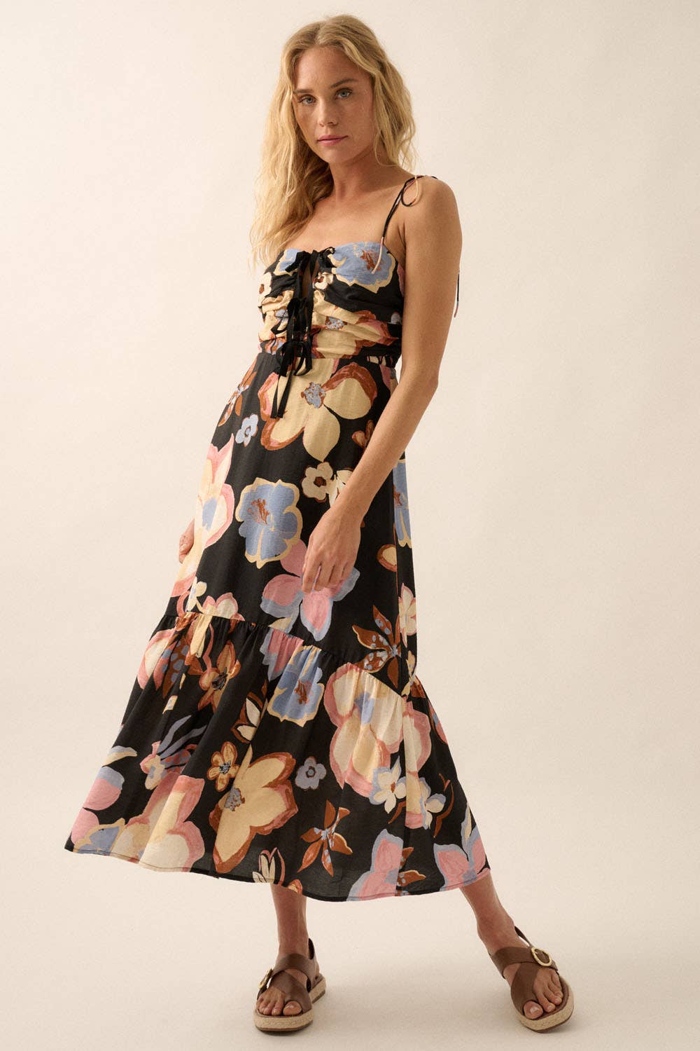 Promesa USA TEXTURED FLORAL-PRINT TIE-FRONT RUFFLE MIDI DRESS